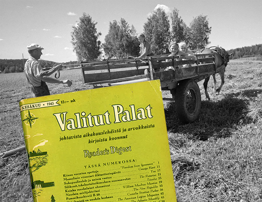 Etualalla Valitut Palat -lehden ensimmäisen numeron kansi, jossa on vaaleanvihreällä taustalla luettelo lehden sisältämistä artikkeleista. Taustalla mustavalkoinen Museoviraston kuva, jossa mies ohjaa heinäpellolla hevoskärryjä. Kärryjen kyydissä istuu kolme pellavapäistä