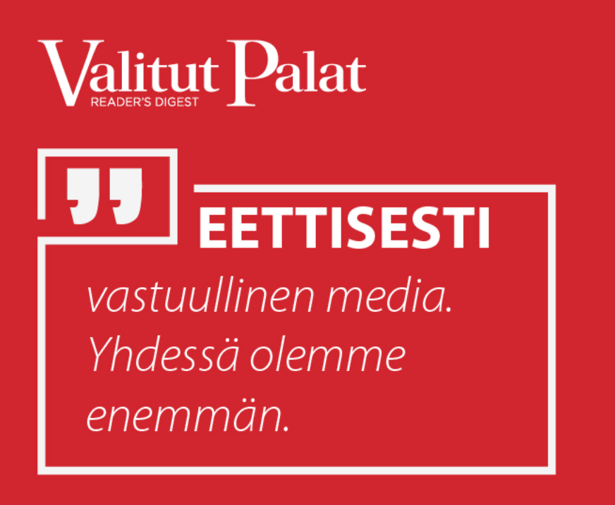 Punapohjainen Valitut Palat -kuva, jossa lukee: "Eettisesti vastuullinen media. Yhdessä olemme enemmän."