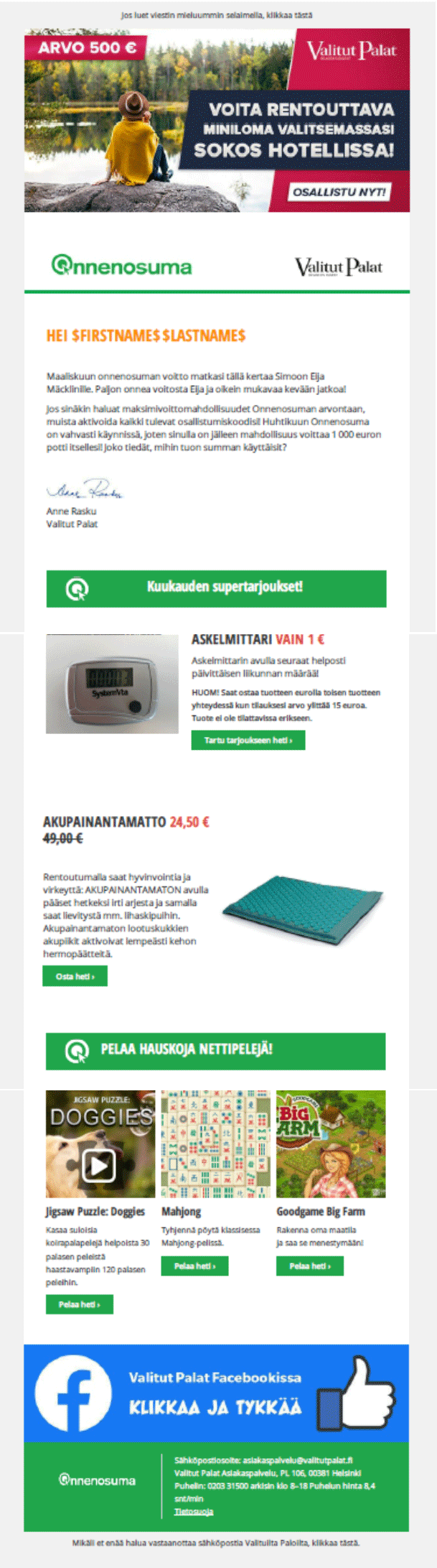 Valitut Palat Onnenosuma-klubin uutiskirje, jossa esitellään kilpailu Sokos Hotellin lahjakortista, klubin tarjoukset ja pelivinkit.
